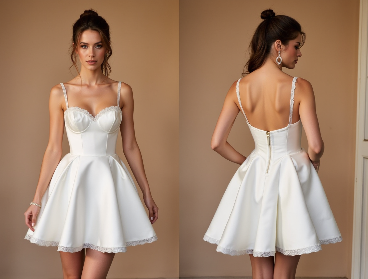 Short Satin Wedding Dress with Lace Trim & Spaghetti Straps







