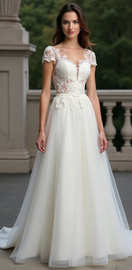 Romantic A-Line Wedding Dress with Illusion Lace Bodice and Flowing Tulle Skirt