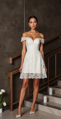 Elegant Off-Shoulder Lace Mini Wedding Dress with Corset Bodice and Scalloped Hem