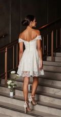 Elegant Off-Shoulder Lace Mini Wedding Dress with Corset Bodice and Scalloped Hem