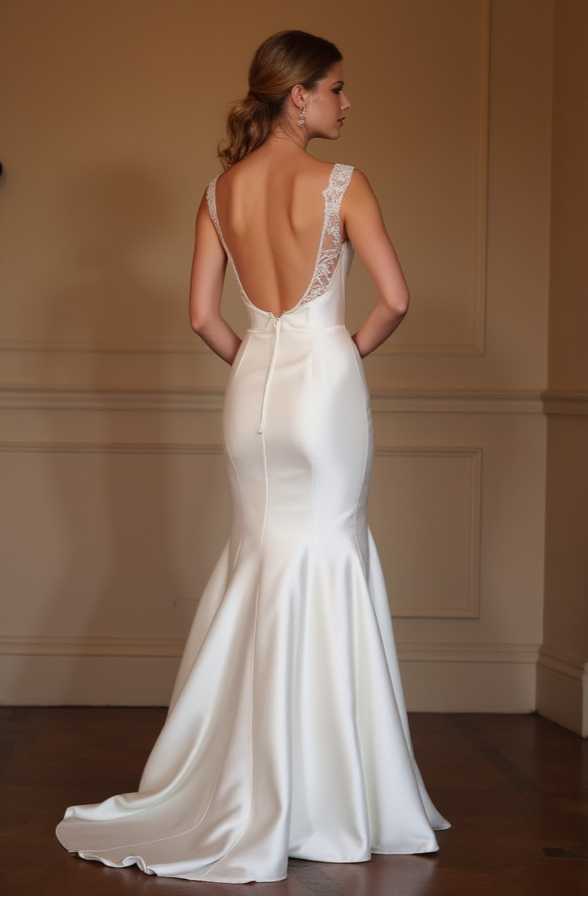 Satin Mermaid Wedding Dress with Lace Straps & Open Back