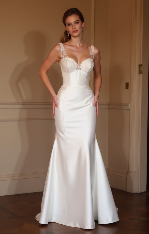 Satin Mermaid Wedding Dress with Lace Straps & Open Back