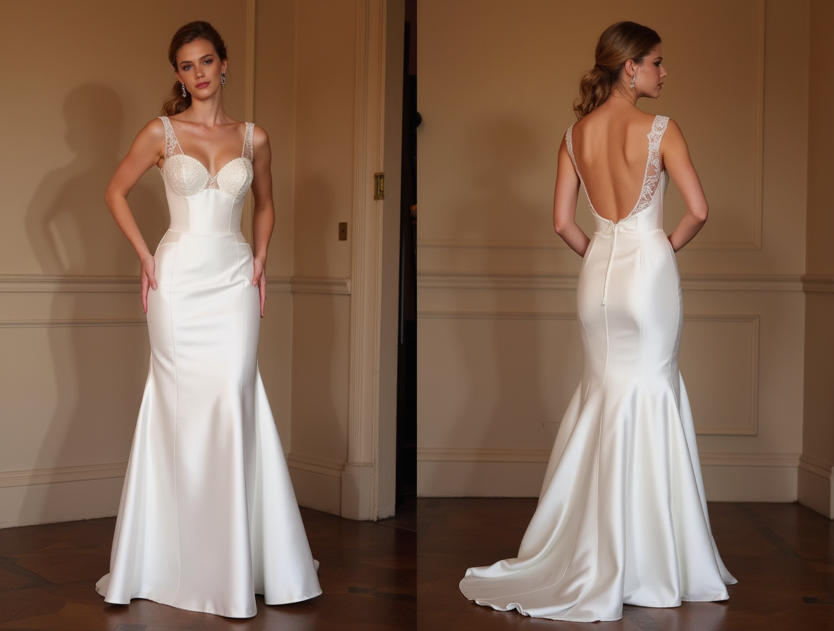 Satin Mermaid Wedding Dress with Lace Straps & Open Back