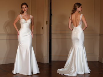 Satin Mermaid Wedding Dress with Lace Straps & Open Back