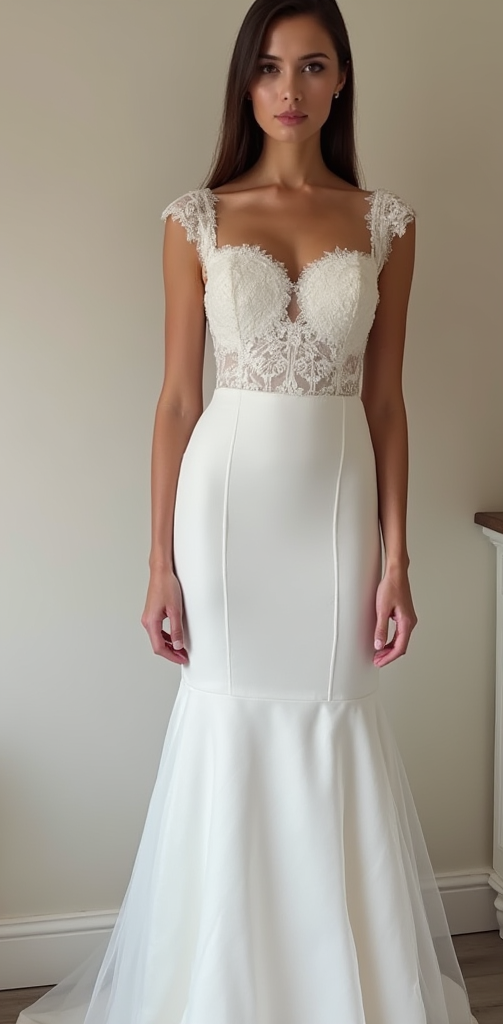 A stunning mermaid wedding dress featuring a lace bodice, illusion neckline, and satin skirt with a flared tulle hem – perfect for elegant bridal looks.
فستان زفاف حورية البحر بتصميم راقٍ مع كورسيه دانتيل شفاف، وتنورة ساتان بقصة واسعة من التول – مثالي لإطلالة زفاف فاخرة.
Vestido de novia sirena con corpiño de encaje transparente, falda de satén y un dobladillo de tul acampanado – ideal para una boda elegante.