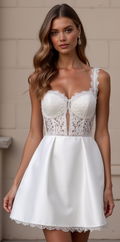hic short wedding dress featuring a structured sheer lace corset, delicate floral embroidery, and an A-line satin skirt – a romantic and contemporary bridal choice. | فستان زفاف قصير أنيق بكورسيه شفاف من الدانتيل مع تنورة ساتان بقصة A-Line لإطلالة زفاف عصرية وجذابة | Vestido de novia corto con corset transparente de encaje y falda de satén – ideal para bodas civiles y recepciones modernas. | Robe de mariée courte avec corset en dentelle transparente et jupe fluide – parfaite pour une mariée élégante et auda