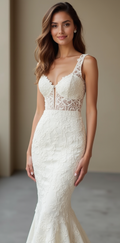 Stunning lace mermaid wedding dress featuring a sheer corset bodice, deep V-neckline, and floral embroidery – a perfect blend of romance and modern elegance. | فستان زفاف بقصة حورية البحر مزين بالدانتيل وكورسيه شفاف لمظهر زفاف راقٍ وأنثوي | Vestido de novia sirena con corset de encaje transparente, escote profundo y bordados florales – ideal para bodas elegantes. | Robe de mariée sirène avec corset en dentelle transparente et broderies florales – parfaite pour une mariée sophistiquée.
