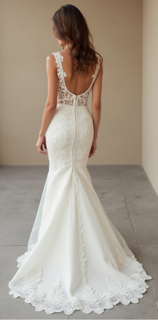  Elegant mermaid bridal gown with a deep scoop lace-trimmed back, fitted waist, and a breathtaking scalloped lace train – a luxurious and timeless bridal choice. | فستان زفاف أنيق بظهر مفتوح مزين بالدانتيل وذيل طويل بنقوش رائعة لمظهر زفاف فخم | Vestido de novia sirena con espalda descubierta, detalles de encaje y cola bordada – sofisticado y romántico. | Robe de mariée sirène avec dos nu en dentelle et traîne élégante – idéale pour une mariée raffinée et élégante.

