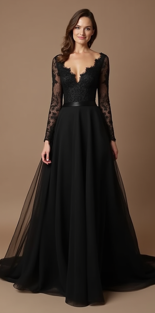 A stunning black lace and chiffon wedding dress with a plunging V-neckline, sheer long sleeves, and a flowing A-line skirt – perfect for bold, modern brides.
فستان زفاف أسود مذهل من الدانتيل والشيفون مع ياقة V عميقة، وأكمام شفافة طويلة، وتنورة A-Line منسدلة – مثالي للعروس الجريئة والعصرية.
Un impresionante vestido de novia negro de encaje y chifón con escote en V profundo, mangas largas transparentes y falda fluida en A-Line – perfecto para novias modernas y audaces.