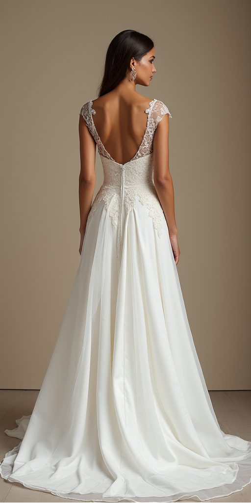 Chic A-line bridal gown with an open-back lace bodice, fitted waist, and softly draped train – a sophisticated and timeless choice for brides. | فستان زفاف بقصة A-Line مع ظهر مفتوح مزين بالدانتيل وخصر محدد لإطلالة زفاف فخمة وأنثوية | Vestido de novia con espalda descubierta, corset de encaje y falda de gasa – sofisticado y romántico. | Robe de mariée fluide avec dos plongeant en dentelle et traîne élégante – idéale pour une mariée moderne et raffinée.
