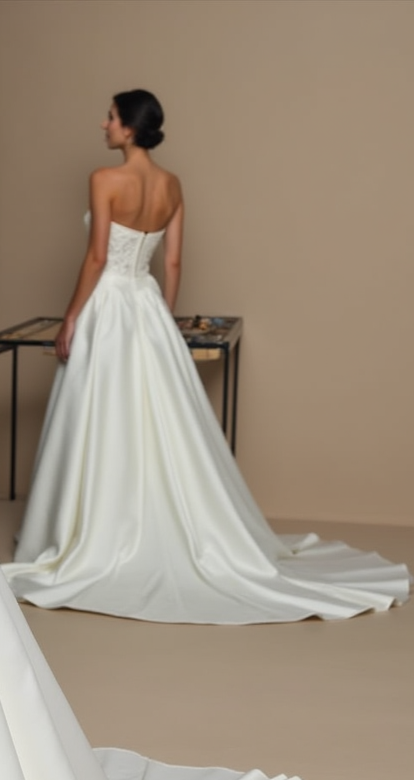 Majestic ballgown wedding dress with a long train and lace detailing on the bodice – designed for a fairytale wedding.
فستان زفاف ملكي بتنورة واسعة وذيل طويل، مع تفاصيل دانتيل على الكورسيه – مصمم لحفلات زفاف خيالية.
Vestido de novia majestuoso con falda de princesa y cola larga, con detalles de encaje en el corpiño – perfecto para bodas de cuento de hadas.