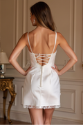 Mini Satin Wedding Dress - Lace Trim with Corset Back & Spaghetti Straps
