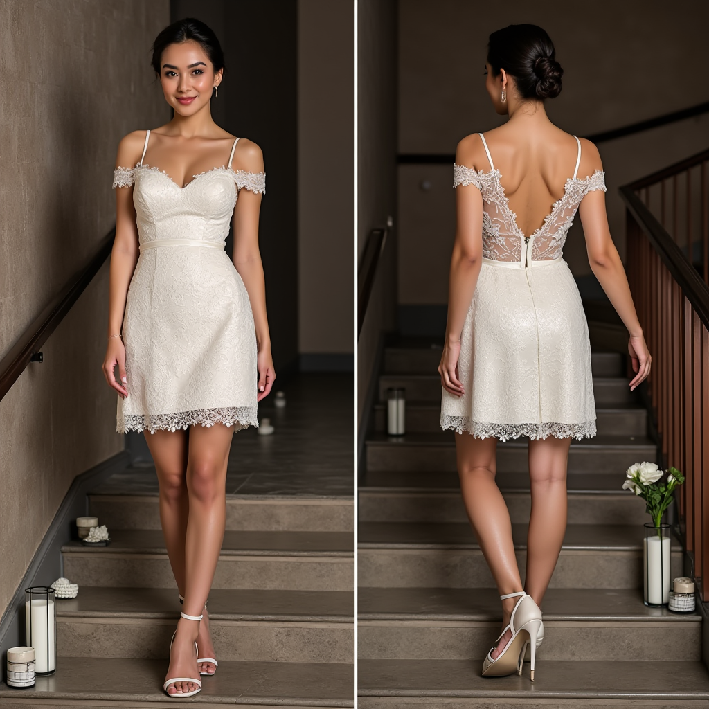 🔹 Mini lace wedding dress
🔹 Short wedding dress for modern brides
🔹 Elegant off-shoulder bridal dress
🔹 French lace wedding dress with satin
🔹 Chic reception dress for brides