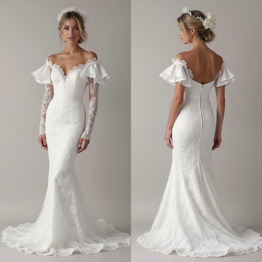 🔹 Off-the-shoulder lace wedding dress
🔹 Mermaid bridal gown with ruffle sleeves
🔹 Elegant lace wedding gown with train
🔹 Romantic off-shoulder wedding dress
🔹 Luxury wedding dress for modern brides
🔹 Sophisticated bridal look with lace details