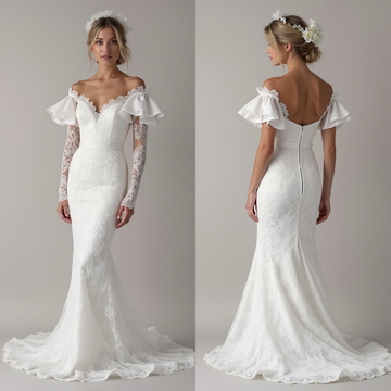 🔹 Off-the-shoulder lace wedding dress
🔹 Mermaid bridal gown with ruffle sleeves
🔹 Elegant lace wedding gown with train
🔹 Romantic off-shoulder wedding dress
🔹 Luxury wedding dress for modern brides
🔹 Sophisticated bridal look with lace details