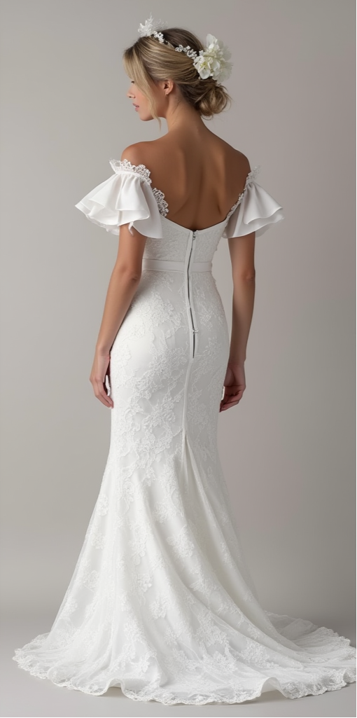 Romantic mermaid wedding dress with a low-back, zip closure, and lace train – ideal for a fairytale wedding. | فستان زفاف حورية البحر بظهر مكشوف وتفاصيل دانتيل راقية | Vestido de novia sirena con espalda descubierta y cola de encaje – un look de ensueño.