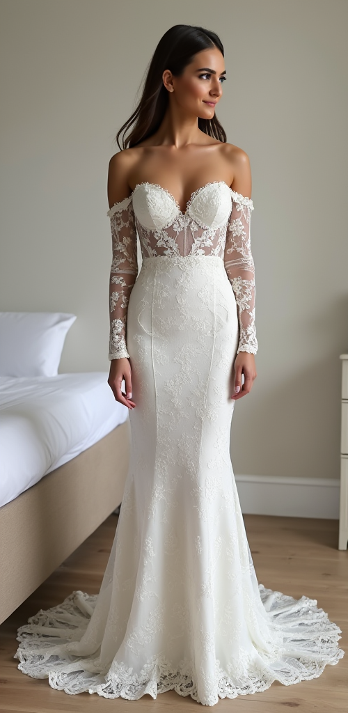 Elegant off-the-shoulder lace wedding dress with illusion lace sleeves, corset-style bodice, and mermaid silhouette – a perfect choice for modern and romantic brides. | فستان زفاف دانتيل أنيق بأكمام شفافة وتصميم حورية البحر لمظهر ملكي ساحر | Vestido de novia con encaje de hombros caídos y mangas largas transparentes – ideal para bodas elegantes. | Robe de mariée en dentelle avec manches longues et coupe sirène – parfaite pour un mariage chic et raffiné.