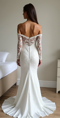 Luxury lace wedding gown featuring a semi-transparent back with illusion lace, center zipper closure, and scalloped train – a breathtaking bridal look. | فستان زفاف بظهر مكشوف من الدانتيل بتصميم راقٍ وفاخر | Vestido de novia con espalda transparente y detalles de encaje – un look sofisticado y romántico. | Robe de mariée dos transparent avec dentelle et traîne longue – idéale pour une allure élégante.