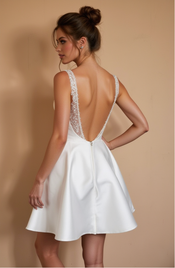 Short Satin Wedding Dress with Deep V-Back & Lace Straps