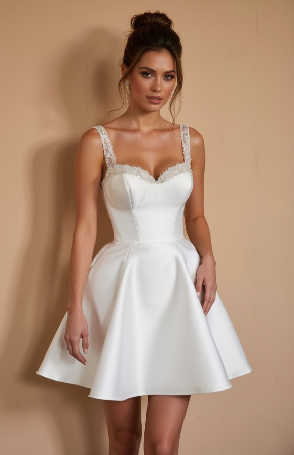 Short Satin Wedding Dress with Deep V-Back & Lace Straps