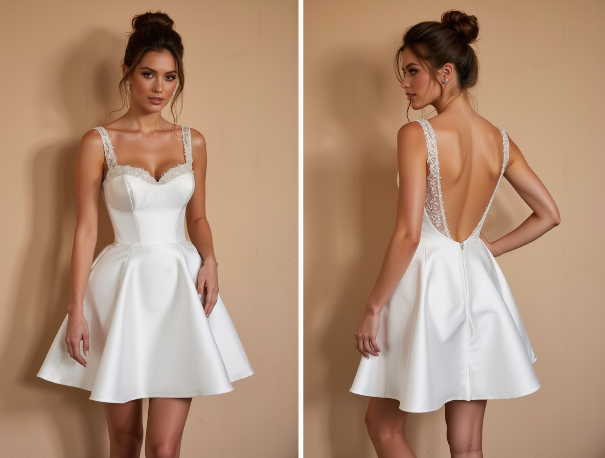 Short Satin Wedding Dress with Deep V-Back & Lace Straps