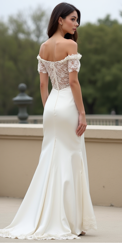 Chic mermaid bridal gown with a sheer lace back panel, lace-trimmed sleeves, and a satin train with delicate lace embellishments – a perfect blend of vintage and modern style. | فستان زفاف أنيق بظهر شفاف مزين بالدانتيل وأكمام دانتيل مكشوفة مع ذيل طويل فاخر | Vestido de novia sirena con espalda de encaje transparente, mangas de encaje y una elegante cola de satén – sofisticado y moderno. | Robe de mariée sirène avec dos en dentelle transparente, manches en dentelle et traîne fluide – idéale pour une mariée é