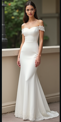  Elegant off-the-shoulder satin mermaid wedding dress featuring delicate lace trims, a sculpted bodice, and a flowing train – a timeless and sophisticated bridal choice. | فستان زفاف ساتان بقصة حورية البحر مع أكتاف مكشوفة وتفاصيل دانتيل أنيقة لمظهر راقٍ | Vestido de novia corte sirena con hombros descubiertos, encaje fino y falda fluida – ideal para bodas elegantes. | Robe de mariée sirène en satin avec épaules dénudées et finitions en dentelle – parfaite pour une mariée moderne et élégante.