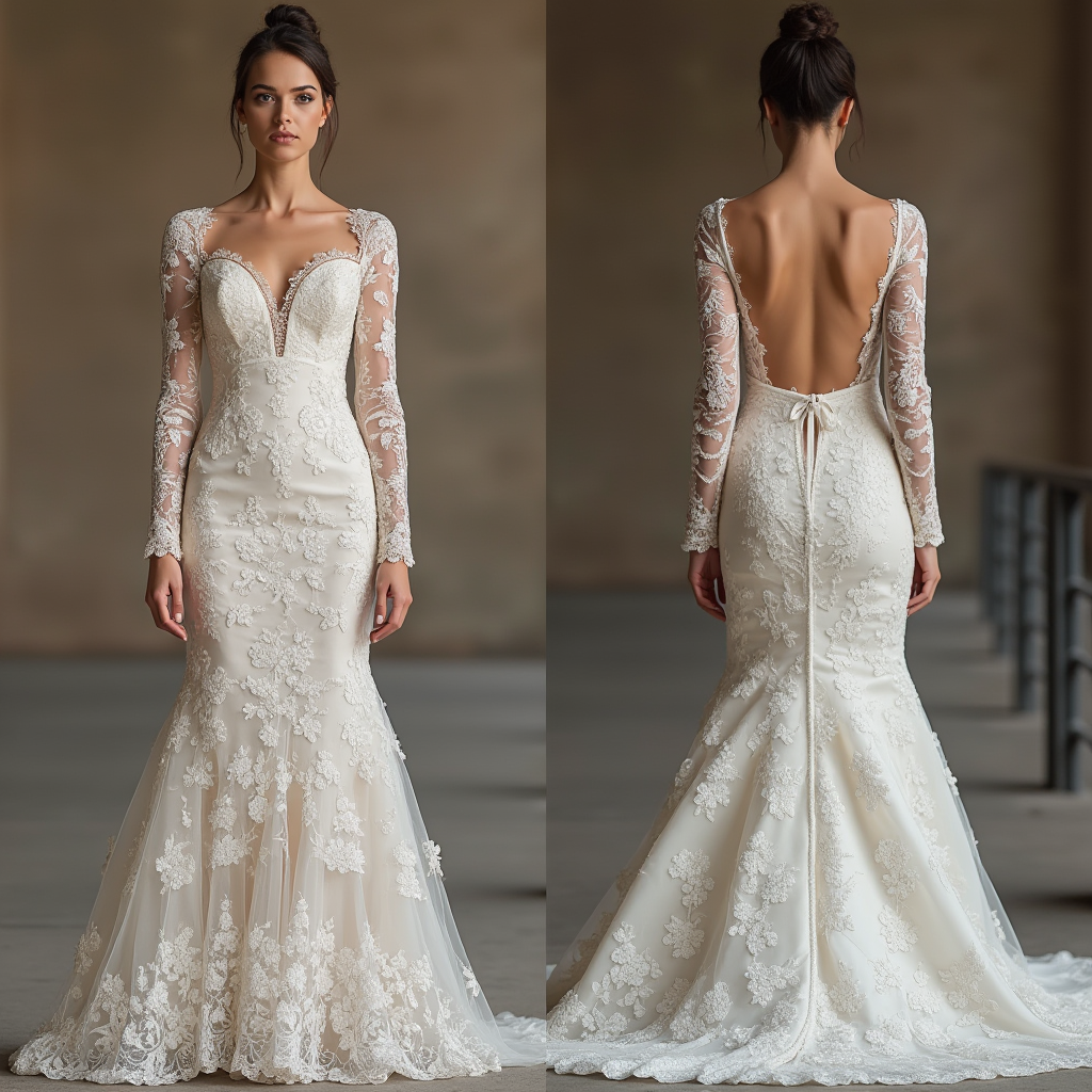 🔹 Elegant lace wedding dress with long sleeves
🔹 Mermaid bridal gown with illusion bodice
🔹 Romantic satin and lace wedding dress
🔹 Low open-back wedding dress with lace appliqués
🔹 Luxury bridal gown for elegant weddings
🔹 Classic wedding dress with floral lace details
🔹 Timeless and sophisticated bridal look