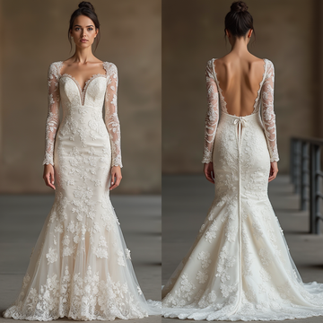 🔹 Elegant lace wedding dress with long sleeves
🔹 Mermaid bridal gown with illusion bodice
🔹 Romantic satin and lace wedding dress
🔹 Low open-back wedding dress with lace appliqués
🔹 Luxury bridal gown for elegant weddings
🔹 Classic wedding dress with floral lace details
🔹 Timeless and sophisticated bridal look