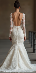 Chic mermaid wedding gown with an open-back design, delicate lace appliqués, and a flowing satin train – a glamorous and sophisticated bridal statement. | فستان زفاف فاخر بظهر مكشوف وتفاصيل دانتيل راقية مع ذيل طويل ساحر | Vestido de novia sirena con espalda descubierta, detalles de encaje y una elegante cola de satén – sofisticado y moderno. | Robe de mariée sirène avec dos nu, appliqués de dentelle et traîne fluide – idéale pour une mariée élégante et audacieuse.
