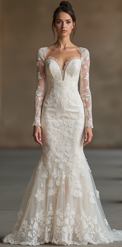 Elegant mermaid wedding dress with illusion lace sleeves, floral appliqués, and a deep sweetheart neckline – a classic yet modern bridal look. | فستان زفاف حورية البحر مع أكمام من الدانتيل وتصميم راقٍ يبرز الأنوثة | Vestido de novia con mangas de encaje y escote profundo – ideal para bodas elegantes. | Robe de mariée sirène avec manches en dentelle et détails floraux – parfaite pour un mariage romantique.
