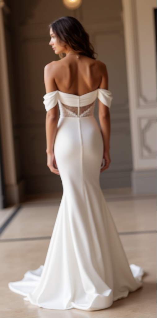 Ethereal Off-the-Shoulder Satin Wedding Gown with Lace Back