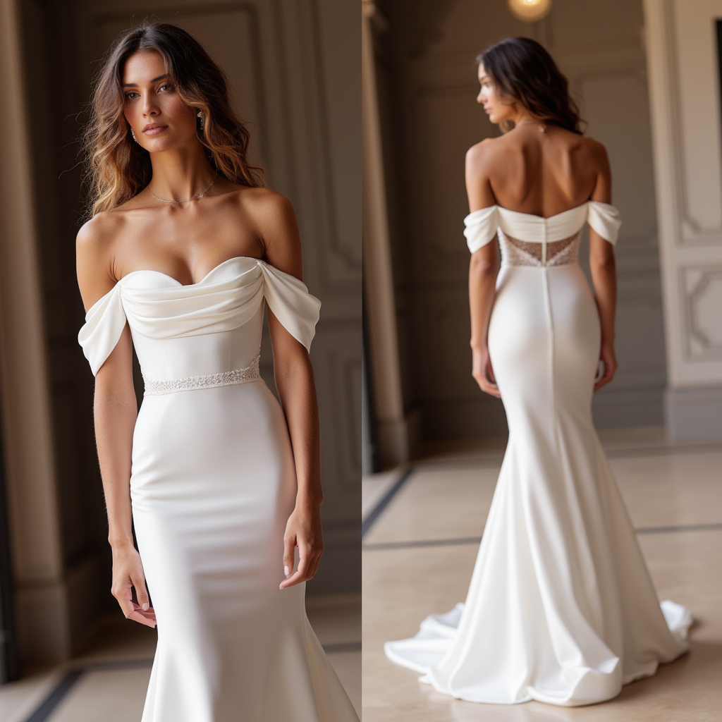 Ethereal Off-the-Shoulder Satin Wedding Gown with Lace Back