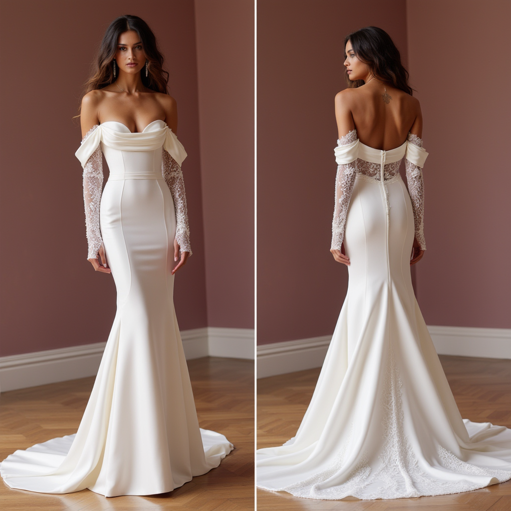 Timeless Off-Shoulder Satin Wedding Dress with Lace Sleeves & Mermaid Silhouette
