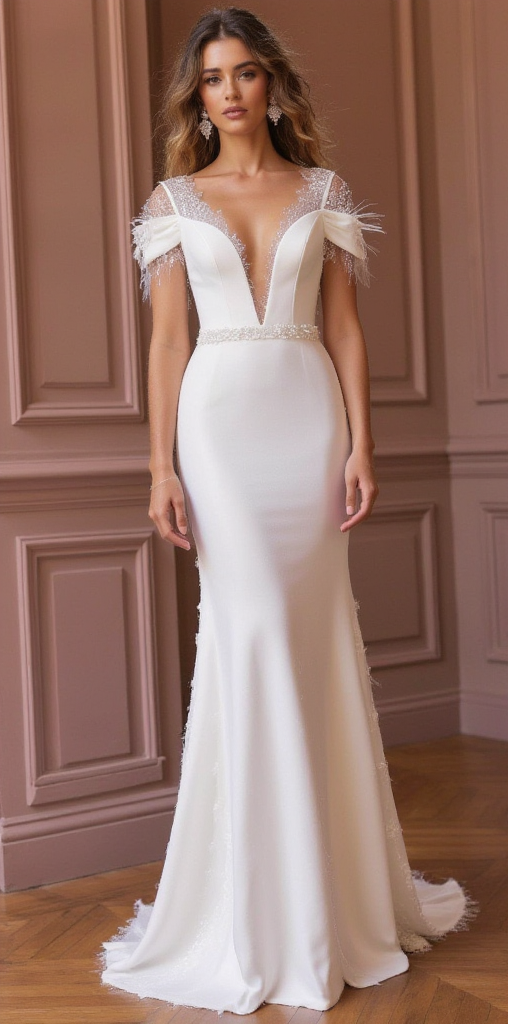 Elegant V-Neck Mermaid Wedding Gown with Feathered Cap Sleeves