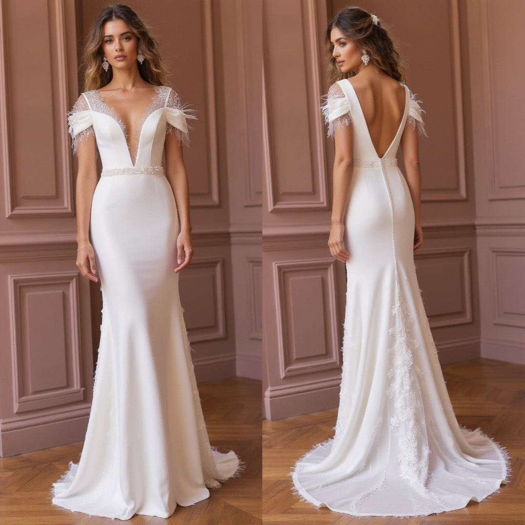 Elegant V-Neck Mermaid Wedding Gown with Feathered Cap Sleeves
