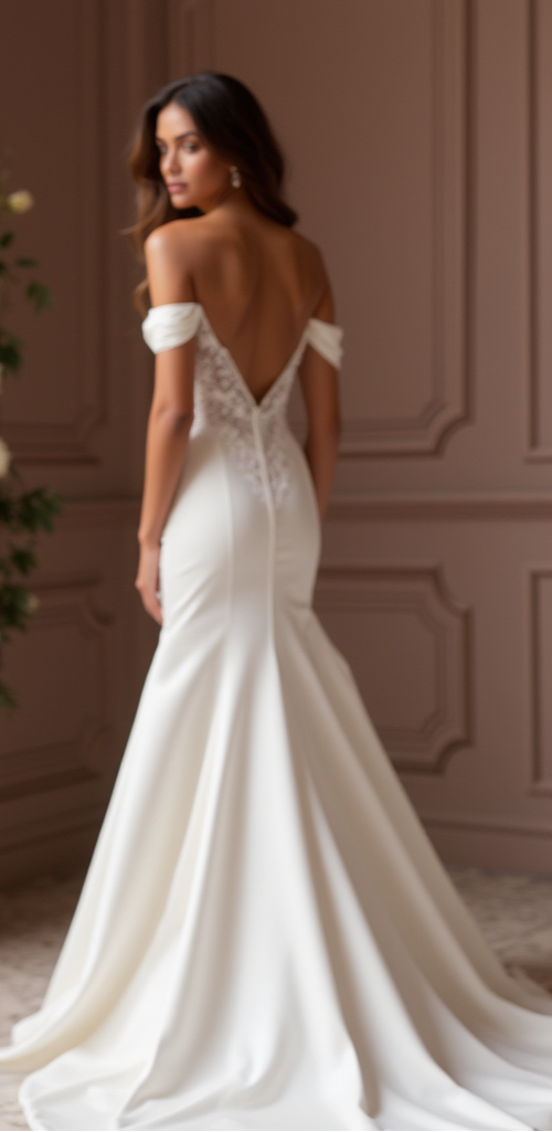 Elegant Off-Shoulder Satin Wedding Gown with Ruched Bodice & Lace Back