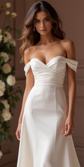 Elegant Off-Shoulder Satin Wedding Gown with Ruched Bodice & Lace Back