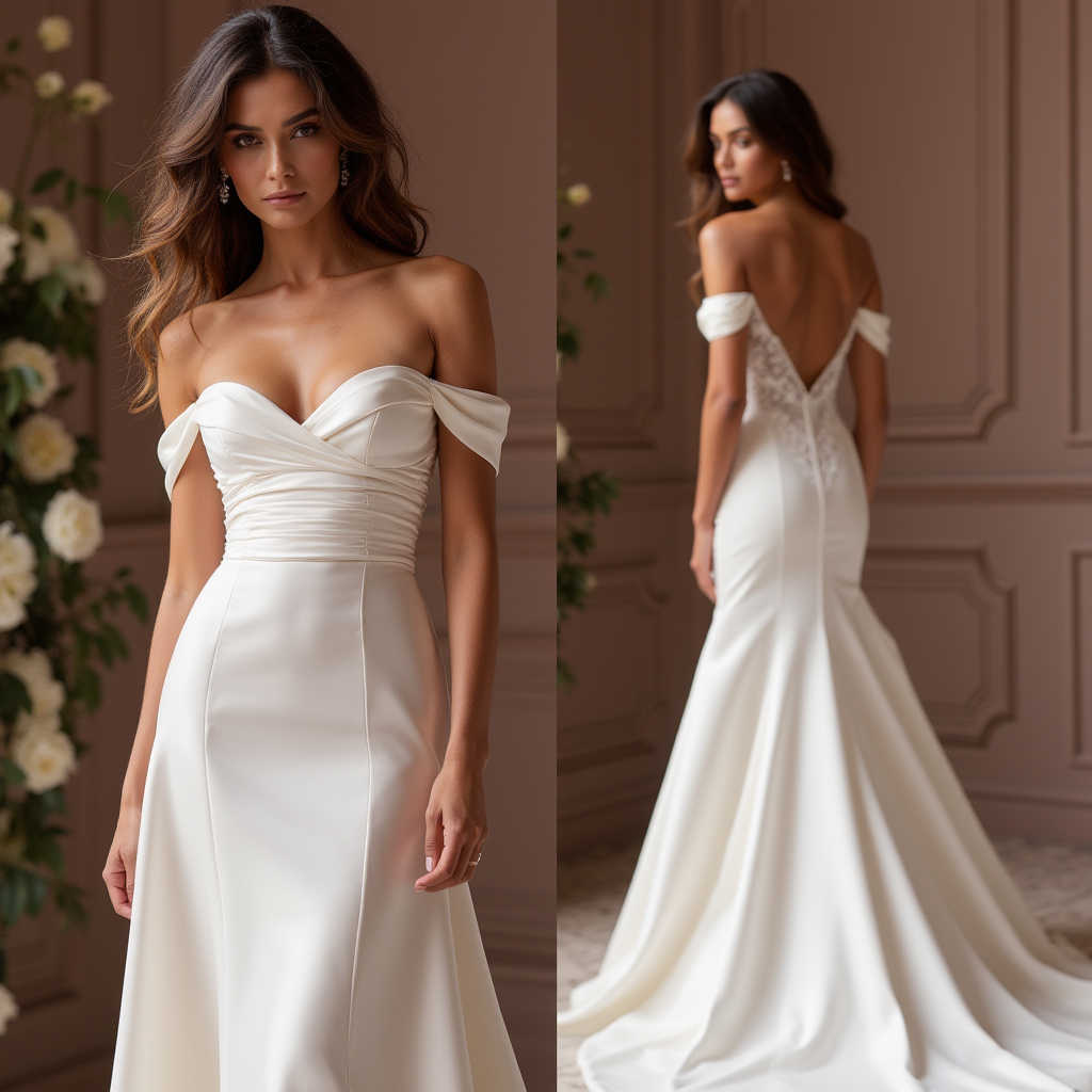 Elegant Off-Shoulder Satin Wedding Gown with Ruched Bodice & Lace Back