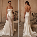 Modern Satin Wedding Dress with Draped Cowl Neck, Lace Slit, and Flowing Train