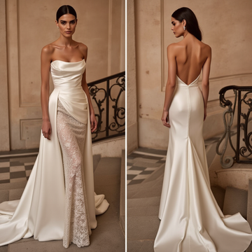 Modern Satin Wedding Dress with Draped Cowl Neck, Lace Slit, and Flowing Train