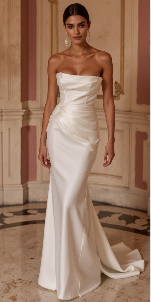 Modern Satin Corset Wedding Dress with Structured Draping and Illusion Lace Back