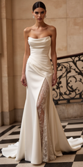 Glamorous Satin and Lace Wedding Gown with Sleek Open Back