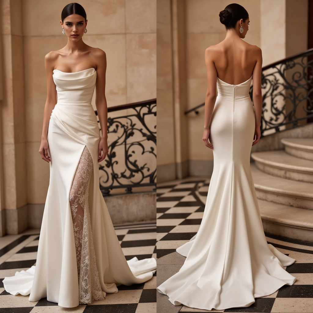Glamorous Satin and Lace Wedding Gown with Sleek Open Back