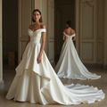 Elegant Off-Shoulder Satin Ball Gown Wedding Dress with Train