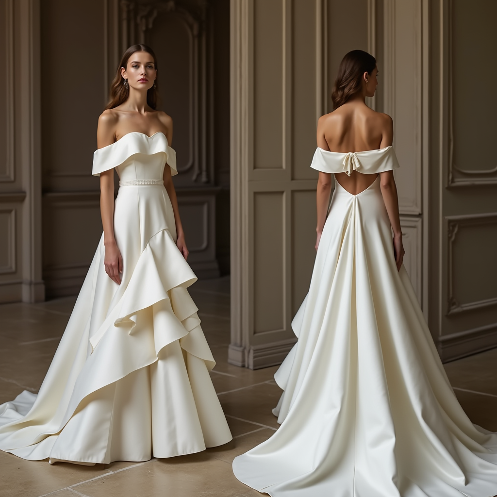 Royal-Inspired Satin Princess Wedding Dress with Draped Off-Shoulder Sleeves