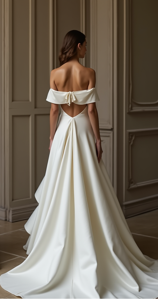 Royal-Inspired Satin Princess Wedding Dress with Draped Off-Shoulder Sleeves