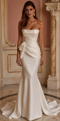 Elegant Satin Mermaid Wedding Dress with Draped Bodice and Sheer Lace Corset Back