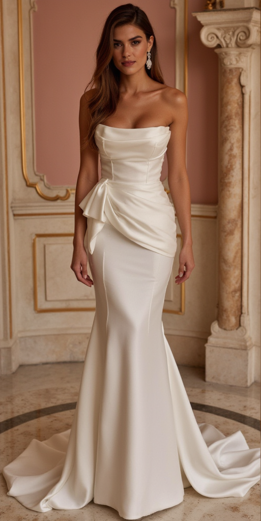 Elegant Satin Mermaid Wedding Dress with Draped Bodice and Sheer Lace Corset Back