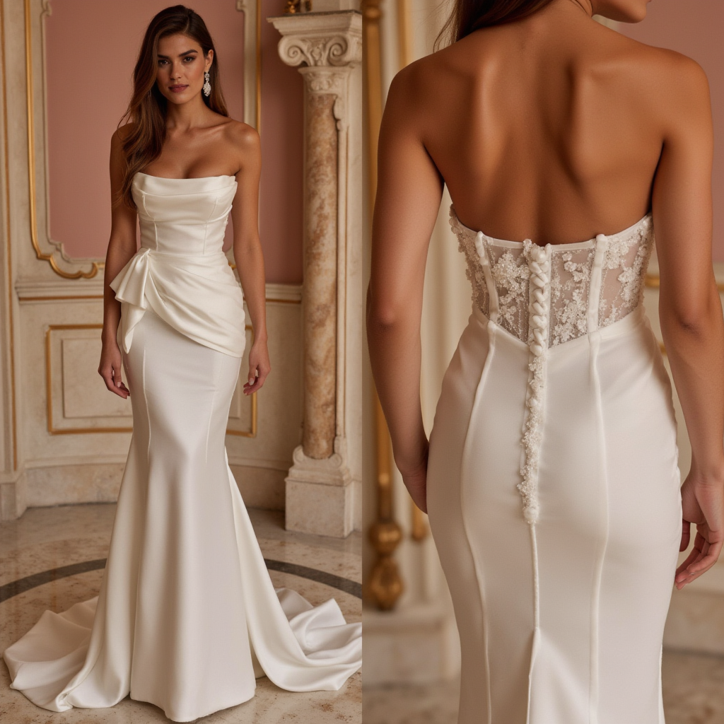 Elegant Satin Mermaid Wedding Dress with Draped Bodice and Sheer Lace Corset Back